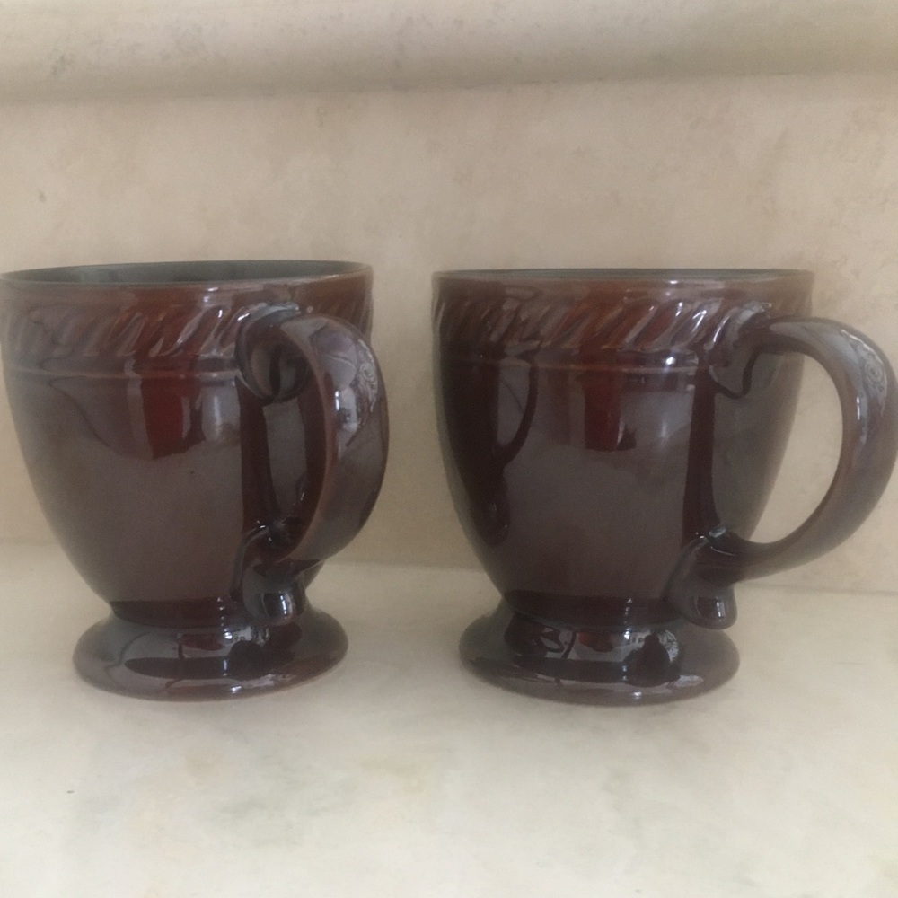 2 pottery Pedestal Coffee Mugs iridescent glaze